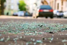 Shards of car glass on the street